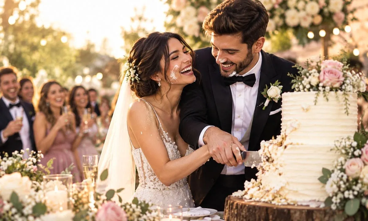 Couple laughing while cutting their wedding cake.