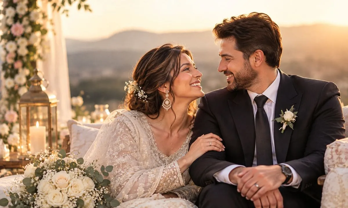 Couple recreating their wedding portrait on their anniversary.
