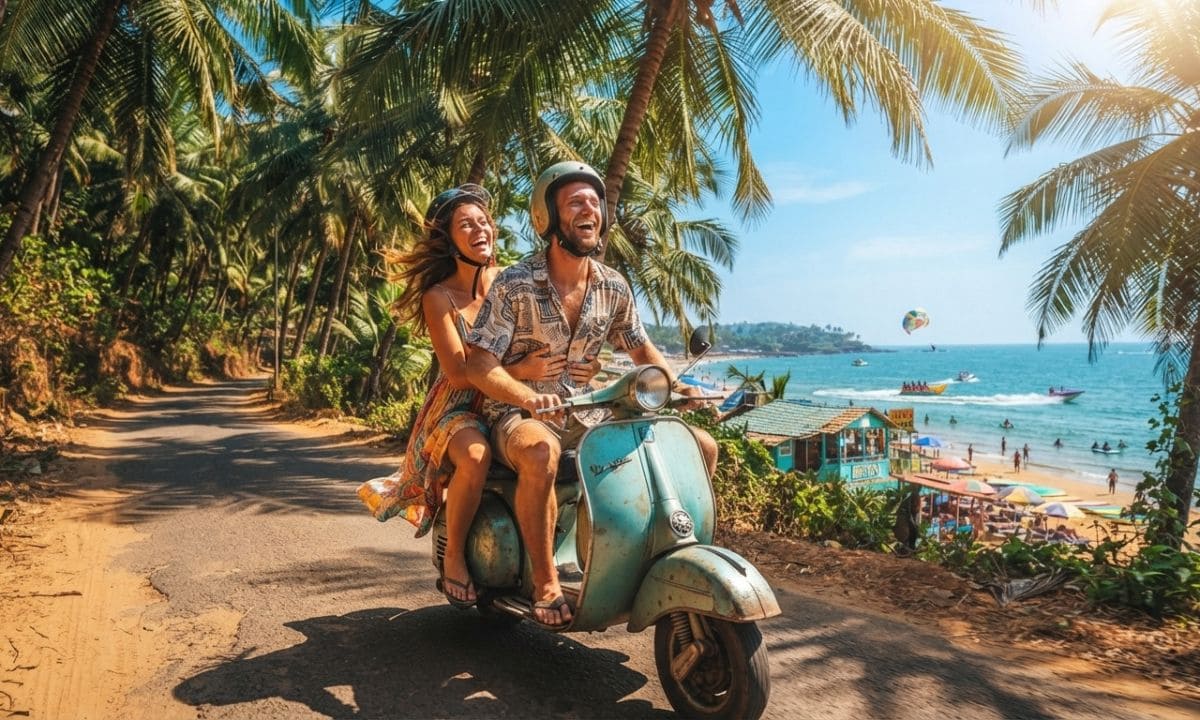 Couple riding a scooter for a Goa captions for couple Instagram post