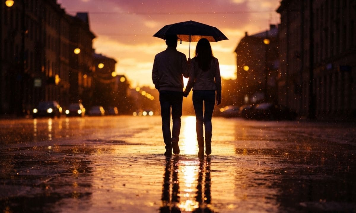 Couple sharing umbrella depicting rain love captions for Instagram