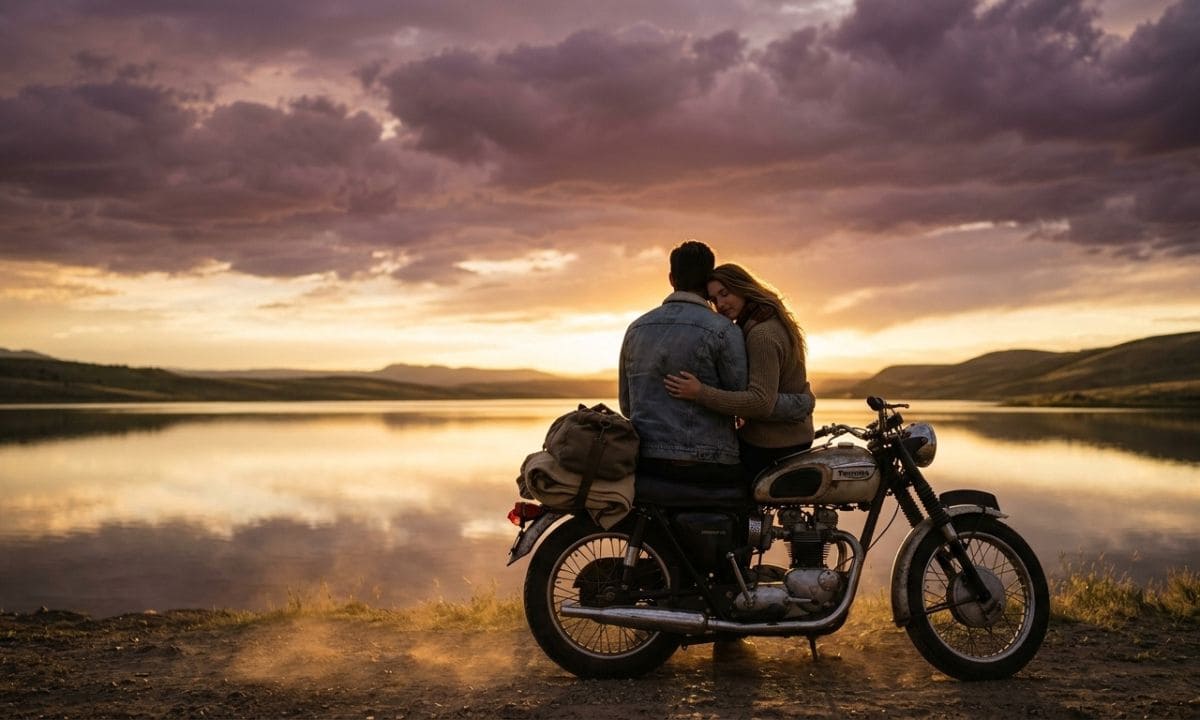 Couple sitting on vintage motorcycle by lake at sunset for couple bike captions