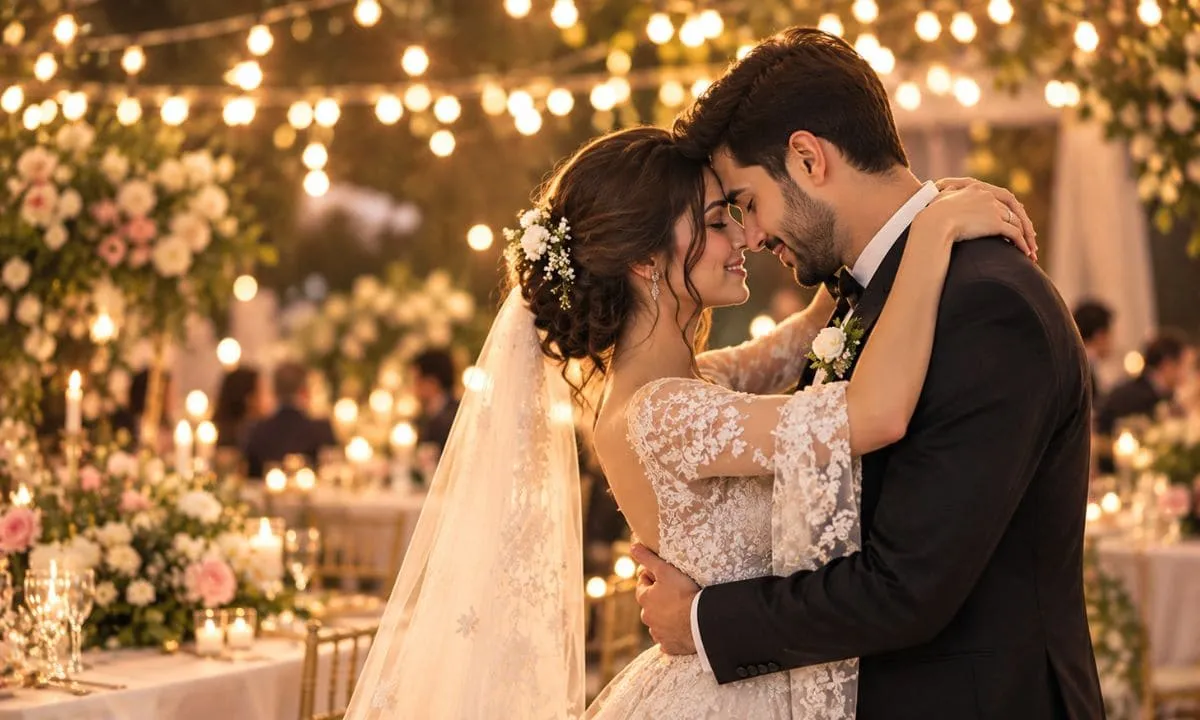 Couple slow dancing under fairy lights at their wedding reception.