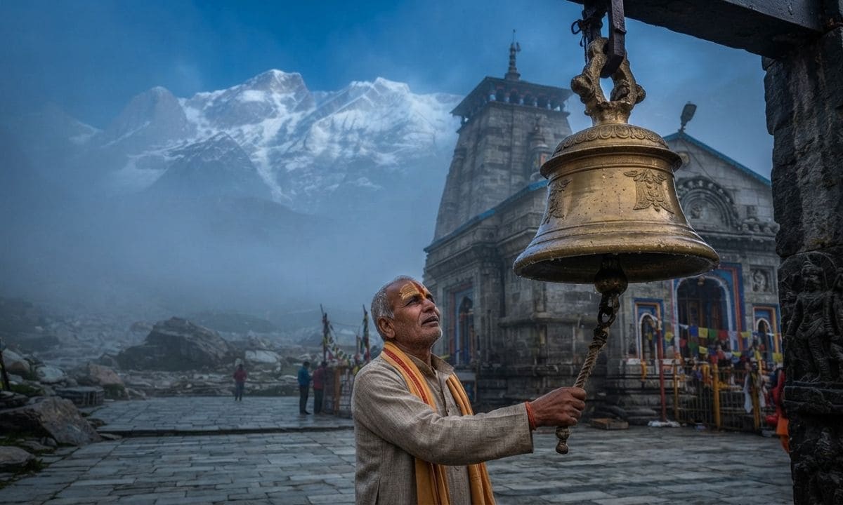 Devotee ringing temple bell at Kedarnath with misty mountains