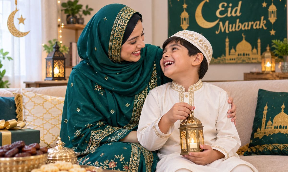 _Eid celebration caption with mother and son in festive clothes