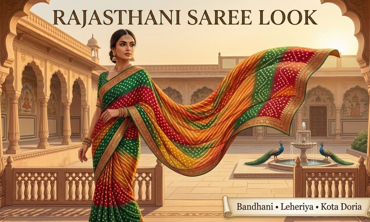 Elegant woman in a colorful Rajasthani saree with bandhani-inspired patterns and traditional jewelry.
