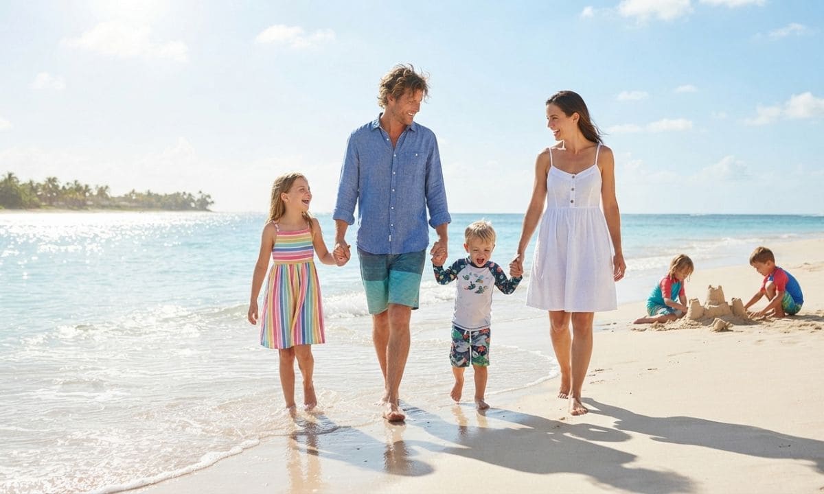 Family beach vacation scene for family vacation captions for Instagram
