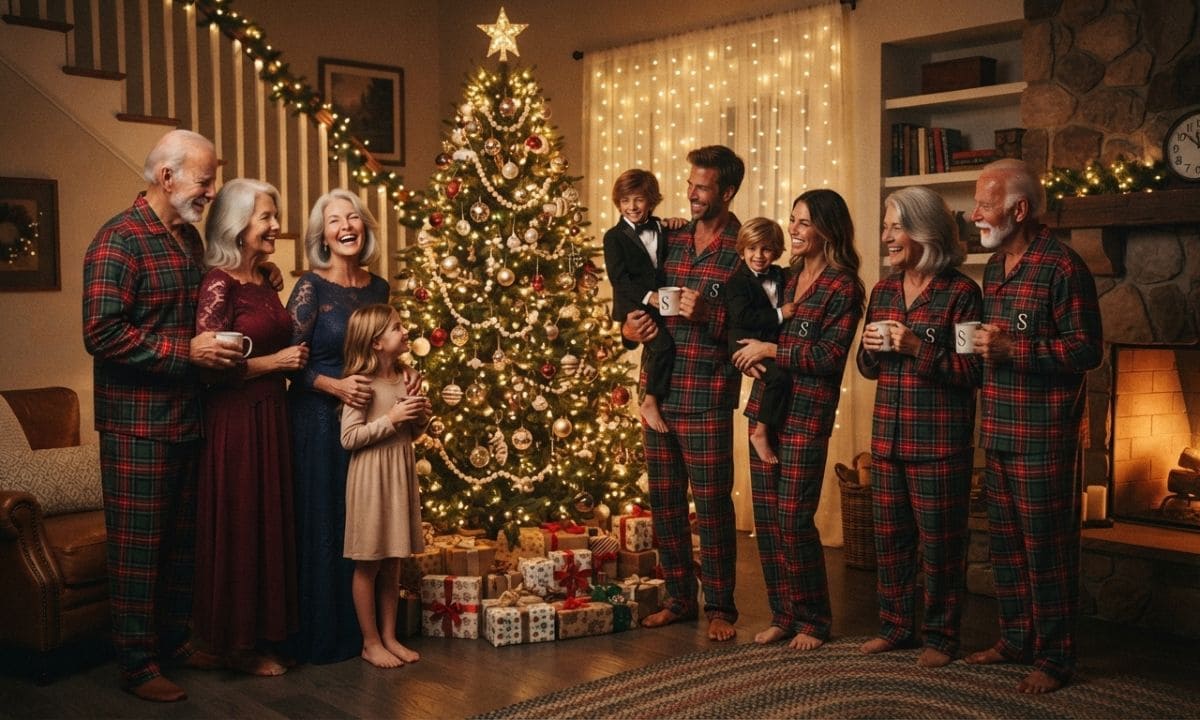 Family celebrating Christmas together by the tree, Christmas family captions for Instagram