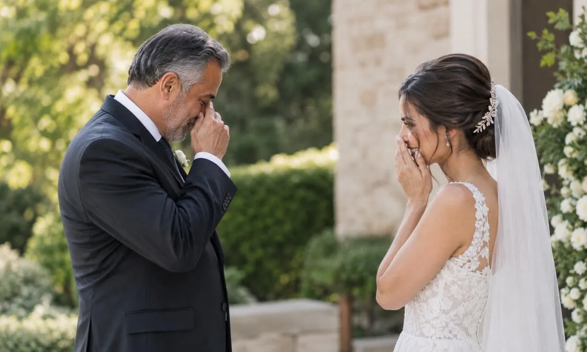 Father and daughter sharing an emotional moment before the wedding.