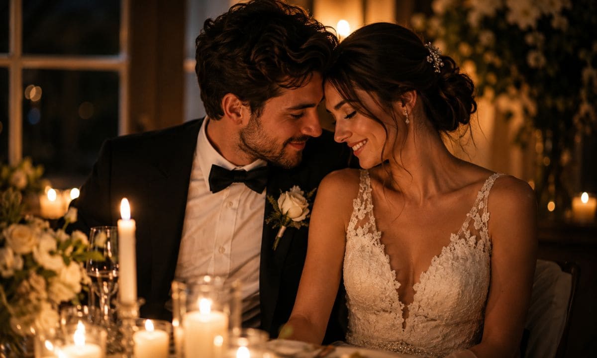 First night wife captions newlywed couple in candlelight