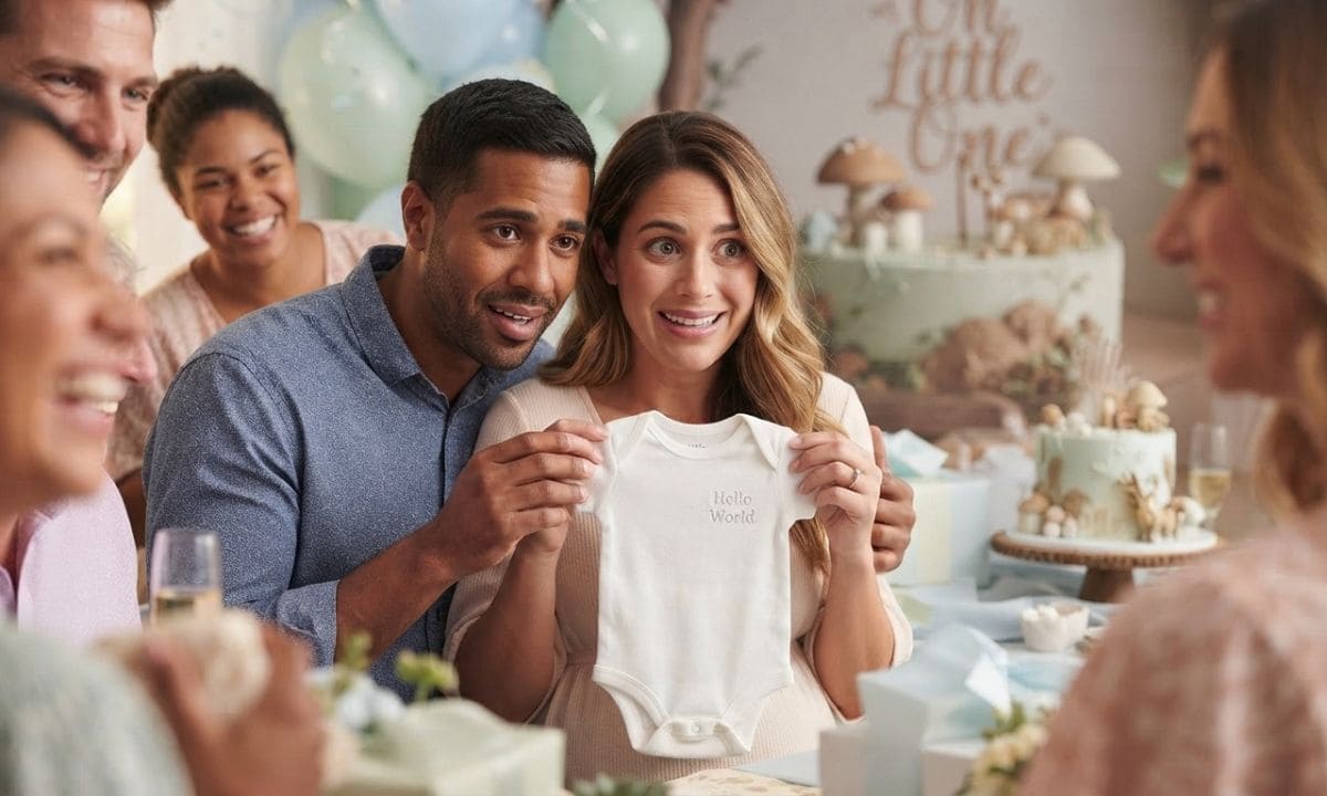 First time parents holding baby onesie at shower