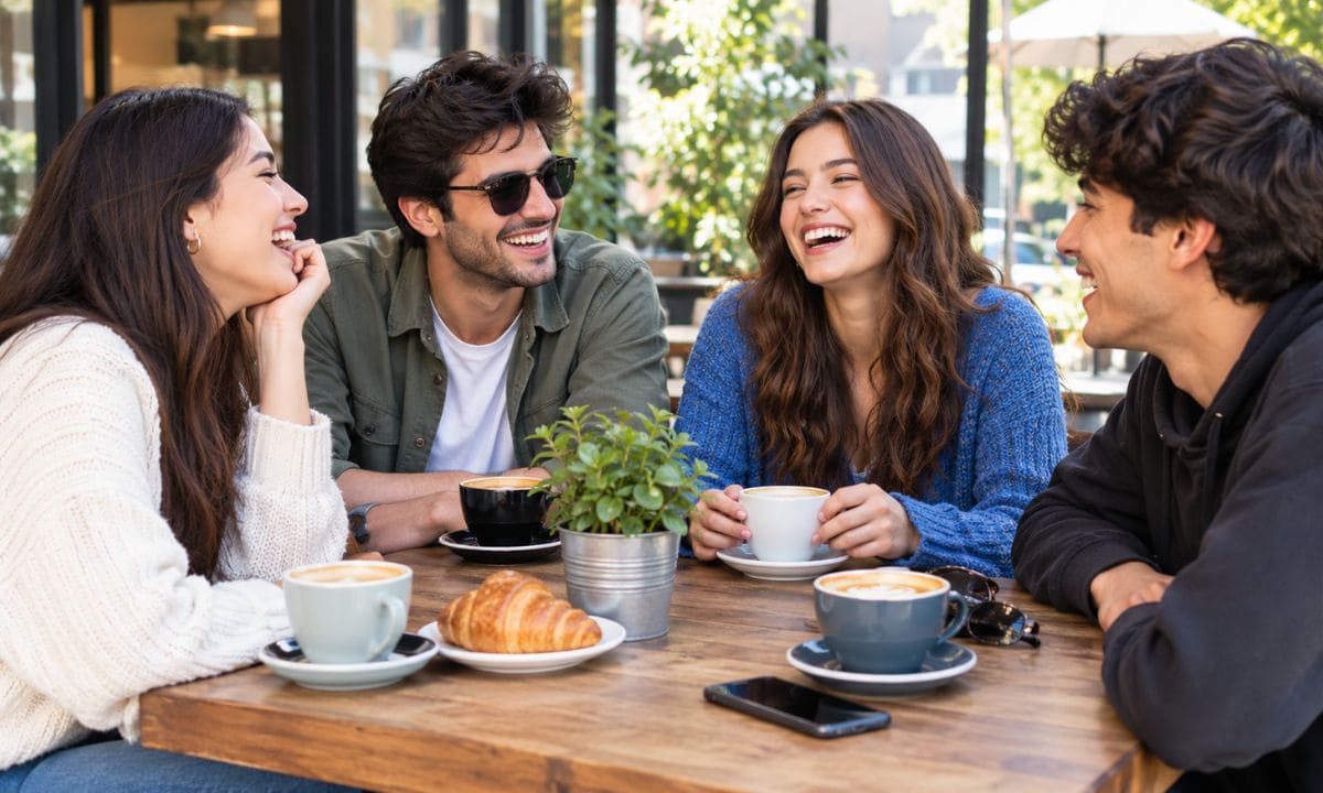 Friends laughing candidly at a café for laughing candid captions