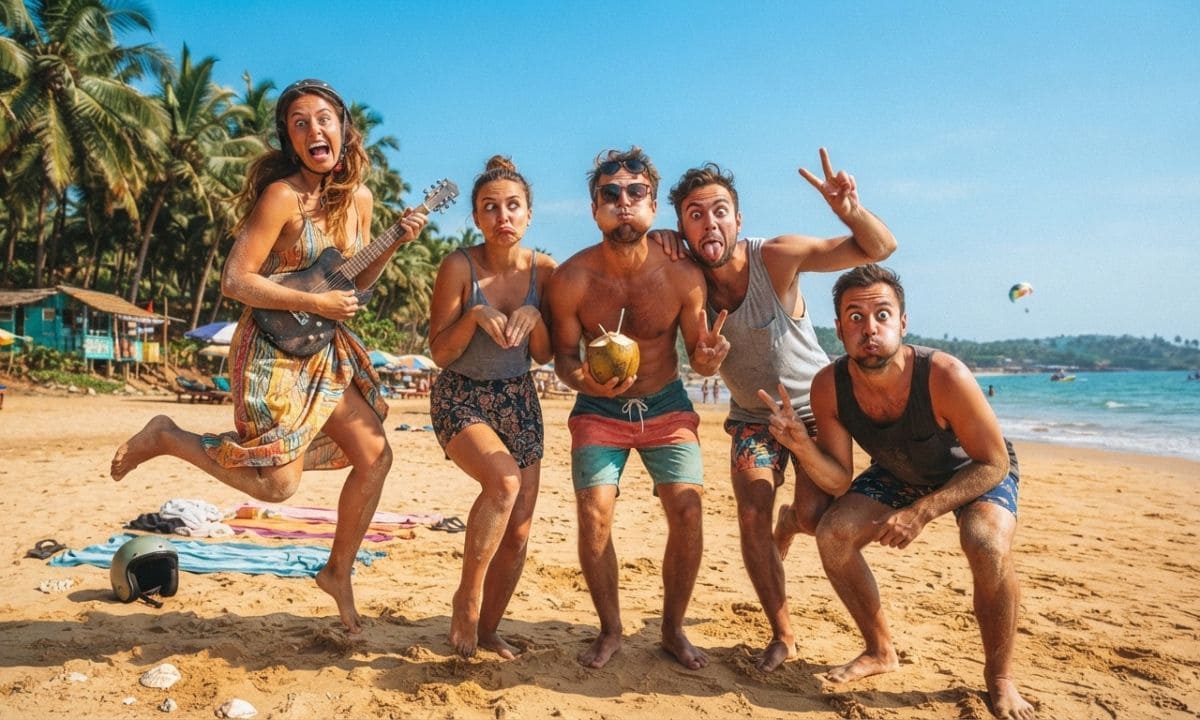 Friends making funny faces for a funny Goa captions for Instagram post