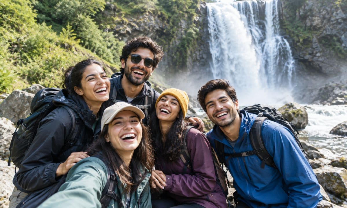 Fun waterfall captions for Instagram with friends laughing near waterfall