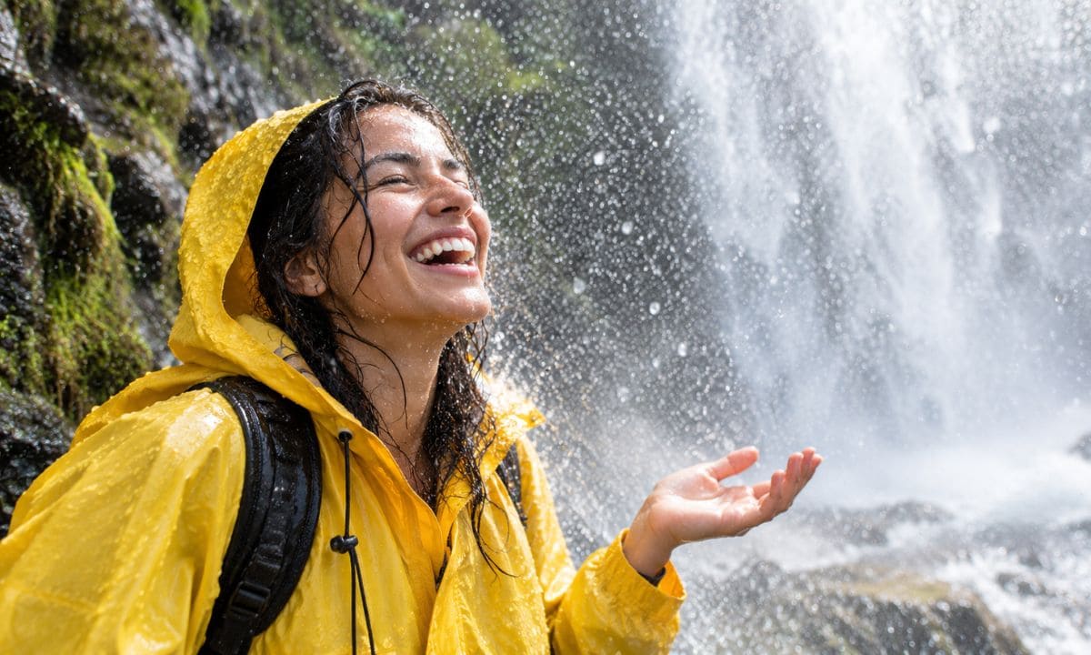 Funny waterfall captions for Instagram showing a person laughing in waterfall mist