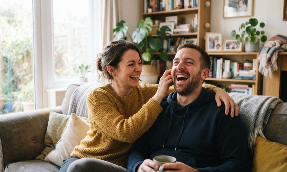 Funny wife captions for Instagram couple laughing together at home