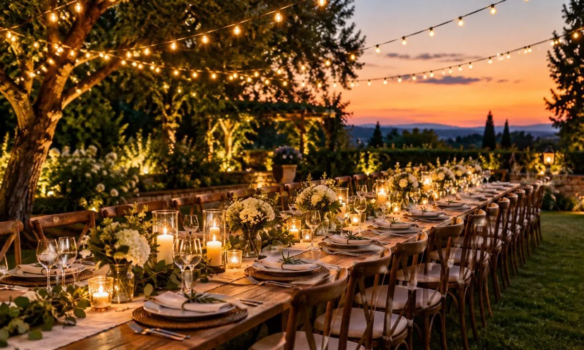 Garden wedding table lit by string lights at dusk.