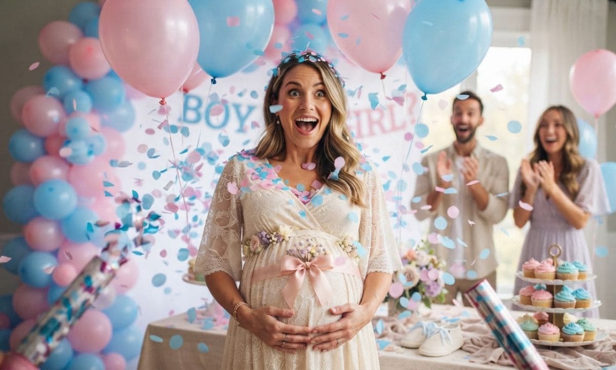 Gender reveal party with pink and blue balloons