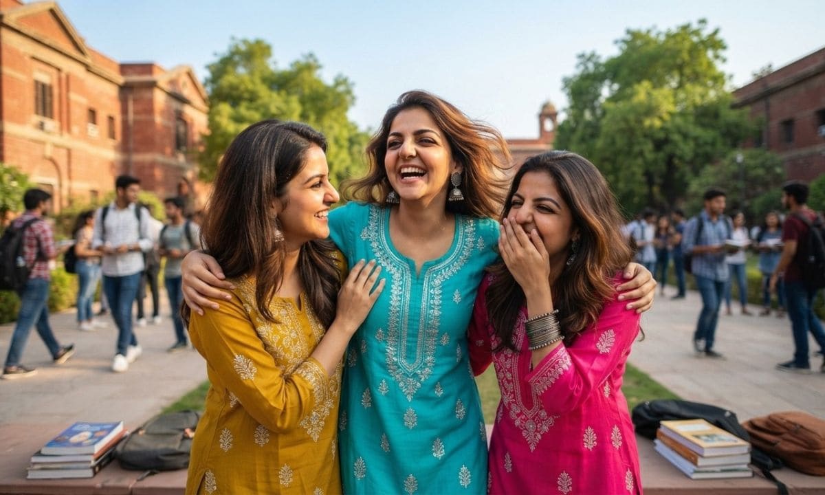 Girls in colorful kurtis laughing together for Kurti captions for Instagram for girls