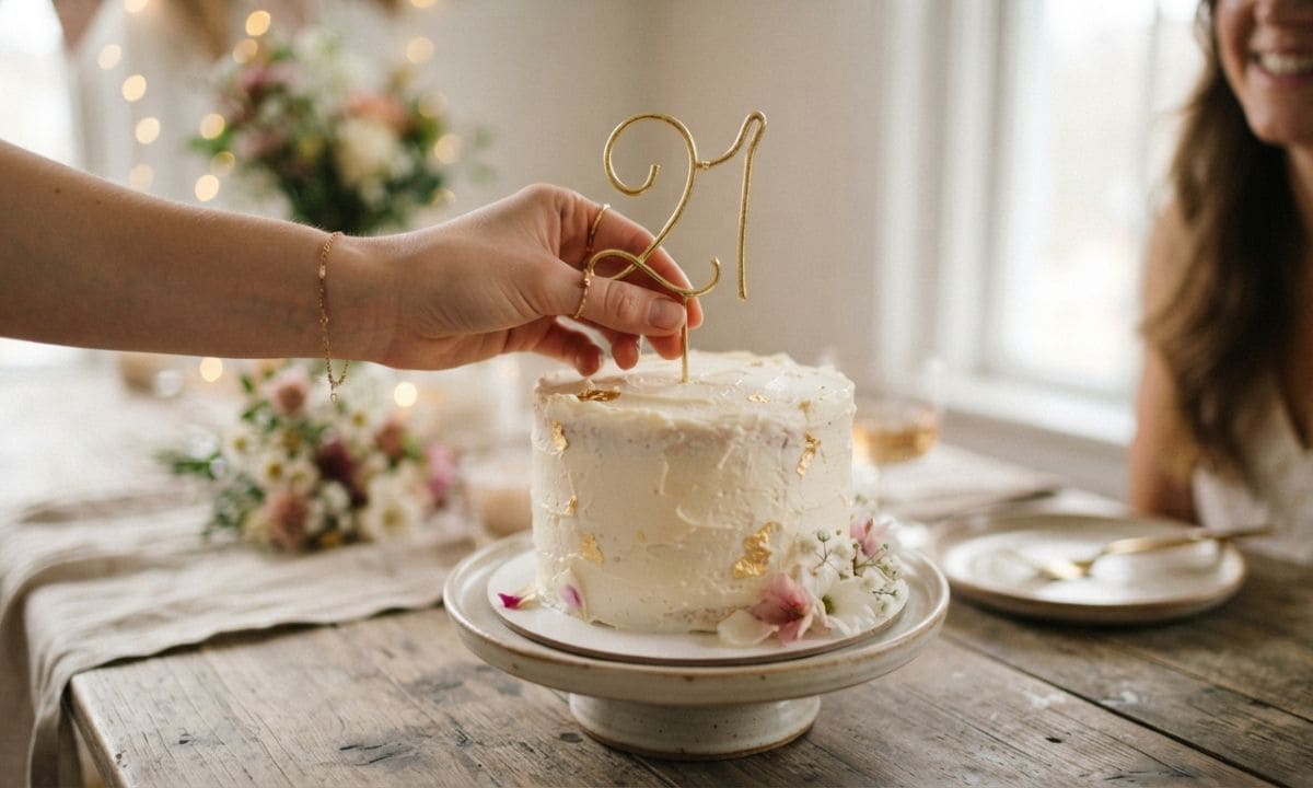 Gold number 21 cake topper on a birthday cake