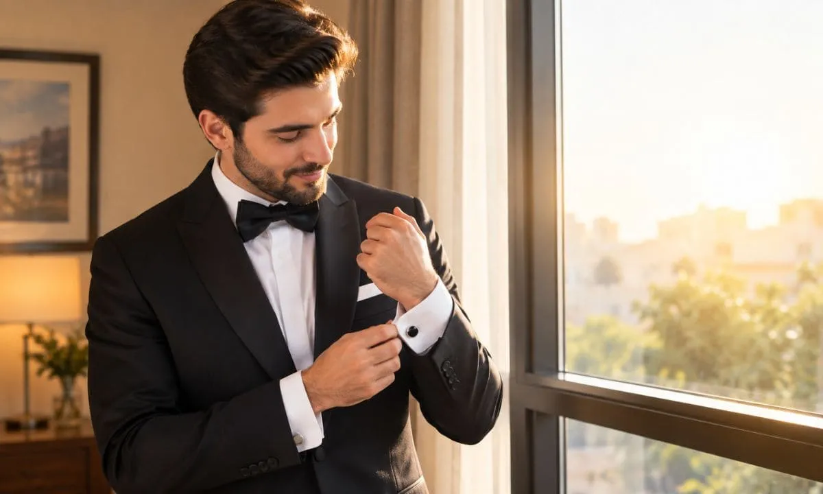 Groom adjusting cufflinks before the ceremony.