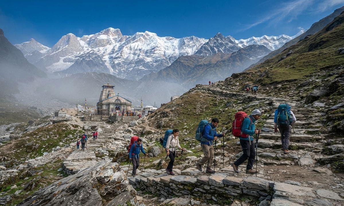 Group of trekkers on rocky trail heading toward Kedarnath