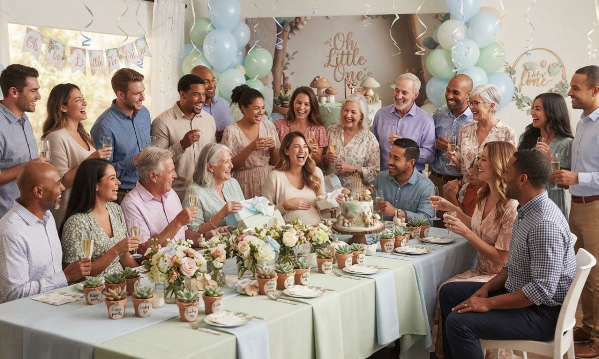 Group photo of guests at baby shower party