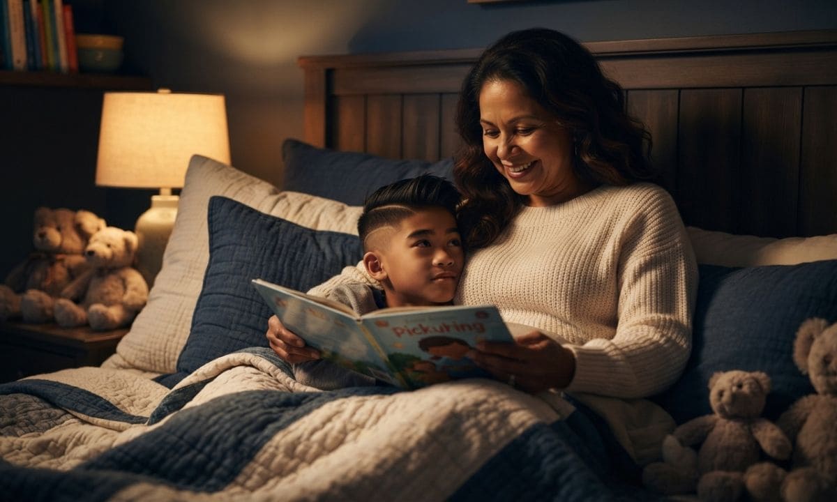 Heartfelt story caption mother reading to son at bedtime