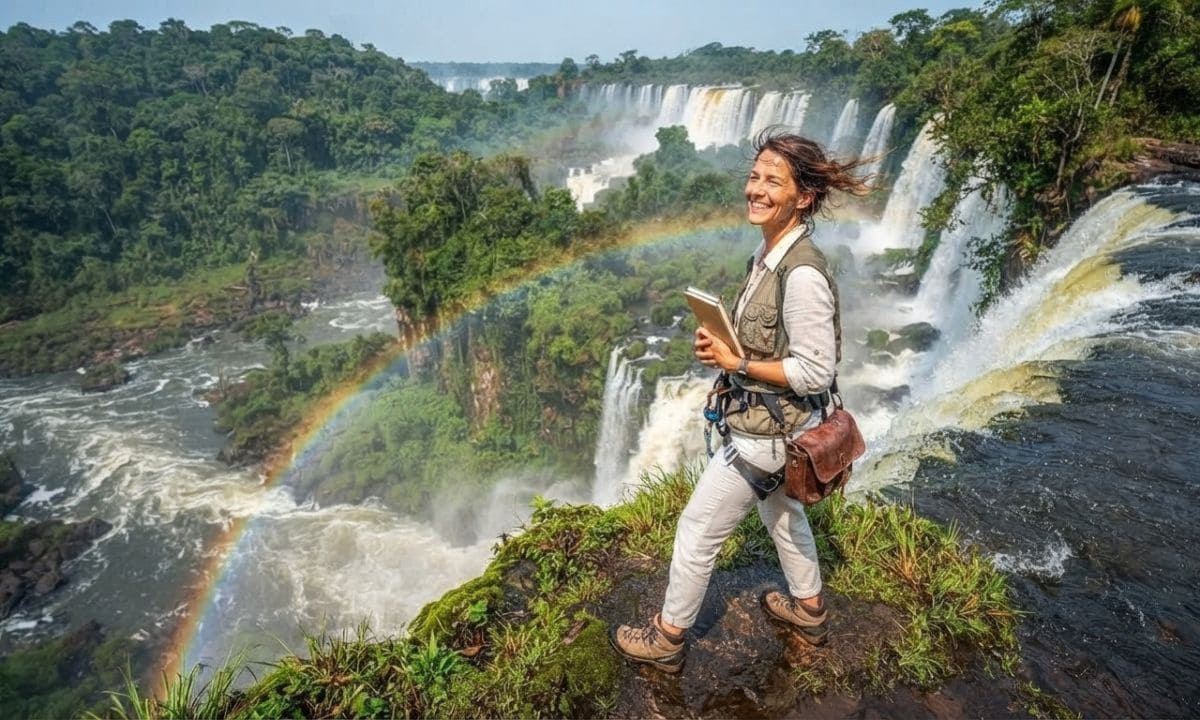 Hiker near waterfall scene for adventure vacation captions for Instagram