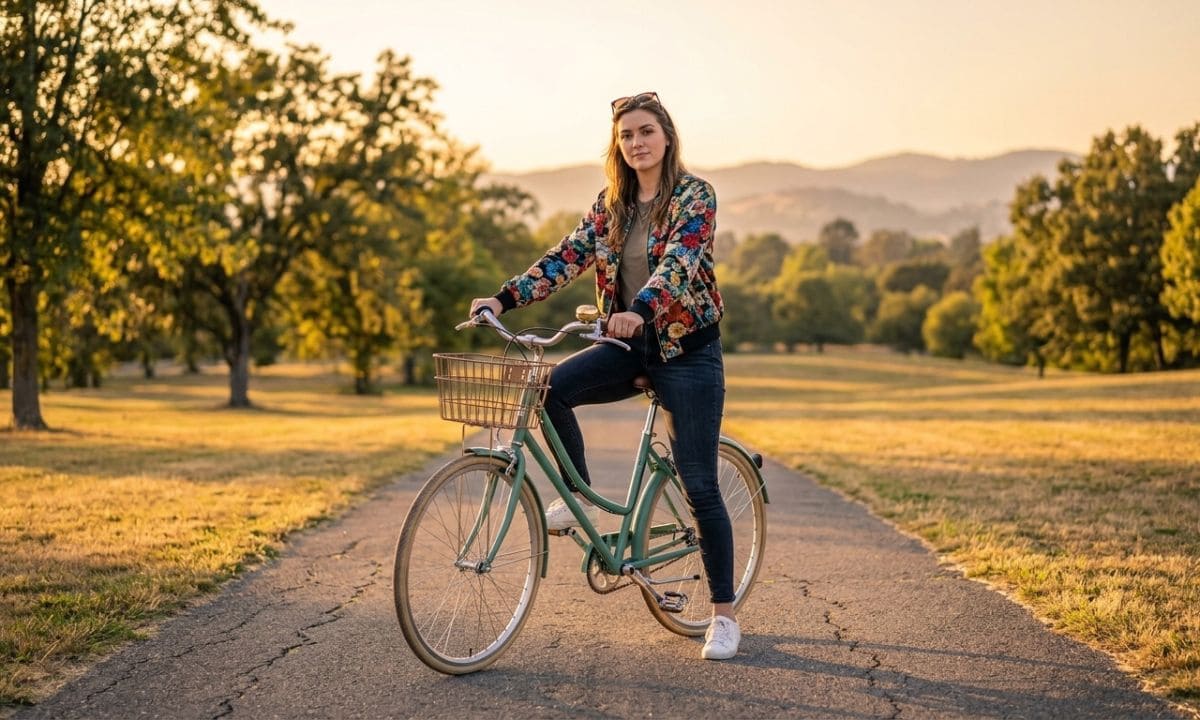 Woman sitting on pastel bicycle in sunlit park for girl bike captions