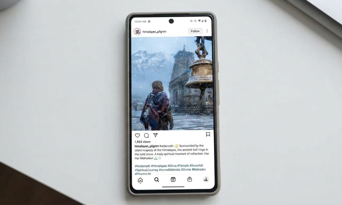 Instagram post screen showing Kedarnath temple photo with hashtags