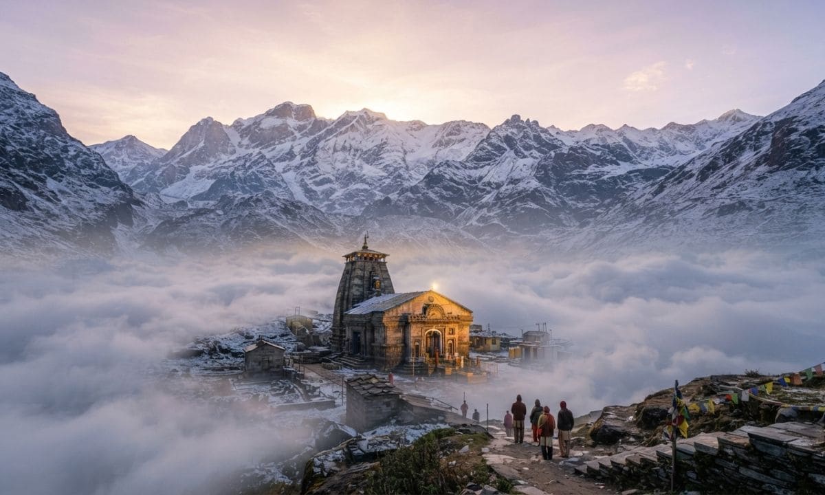 Kedarnath valley at dawn with clouds hugging the mountain peaks