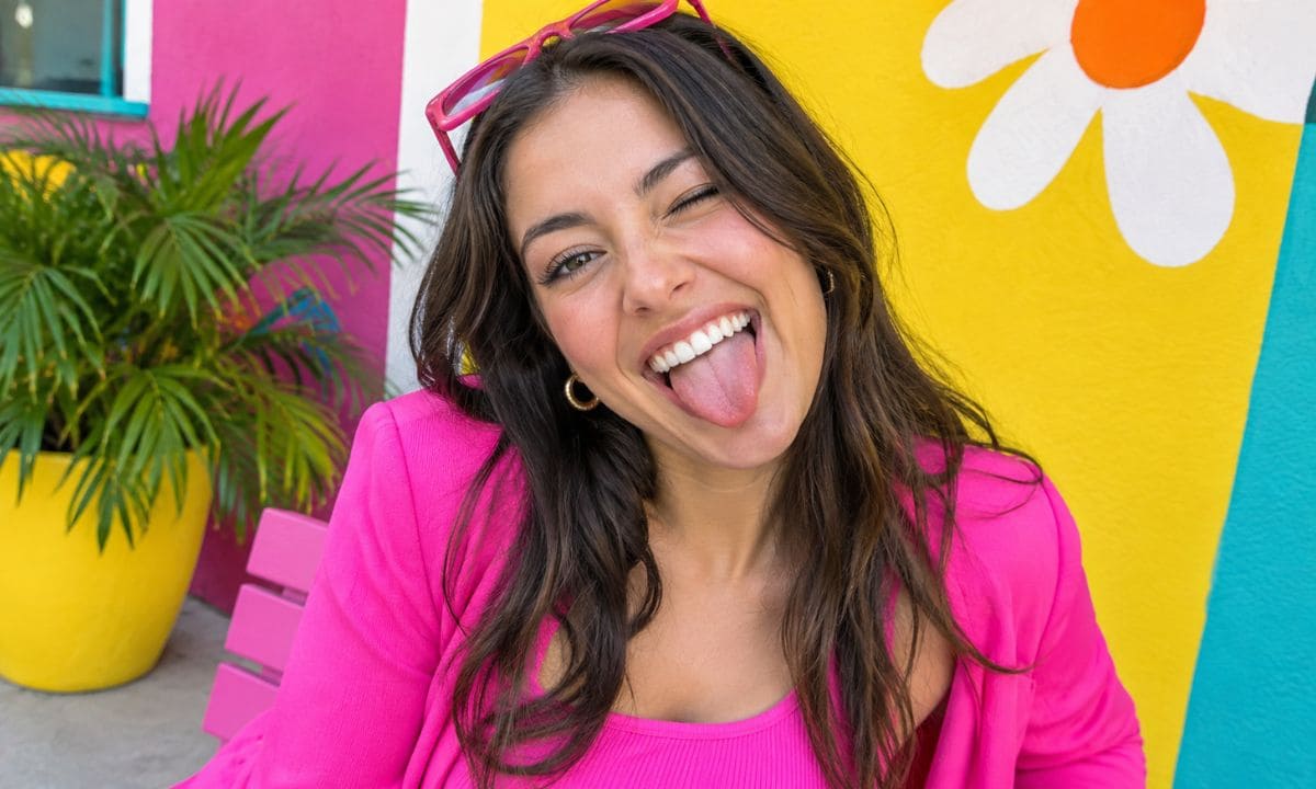 Laughing woman in pink outfit for funny pink captions for Instagram