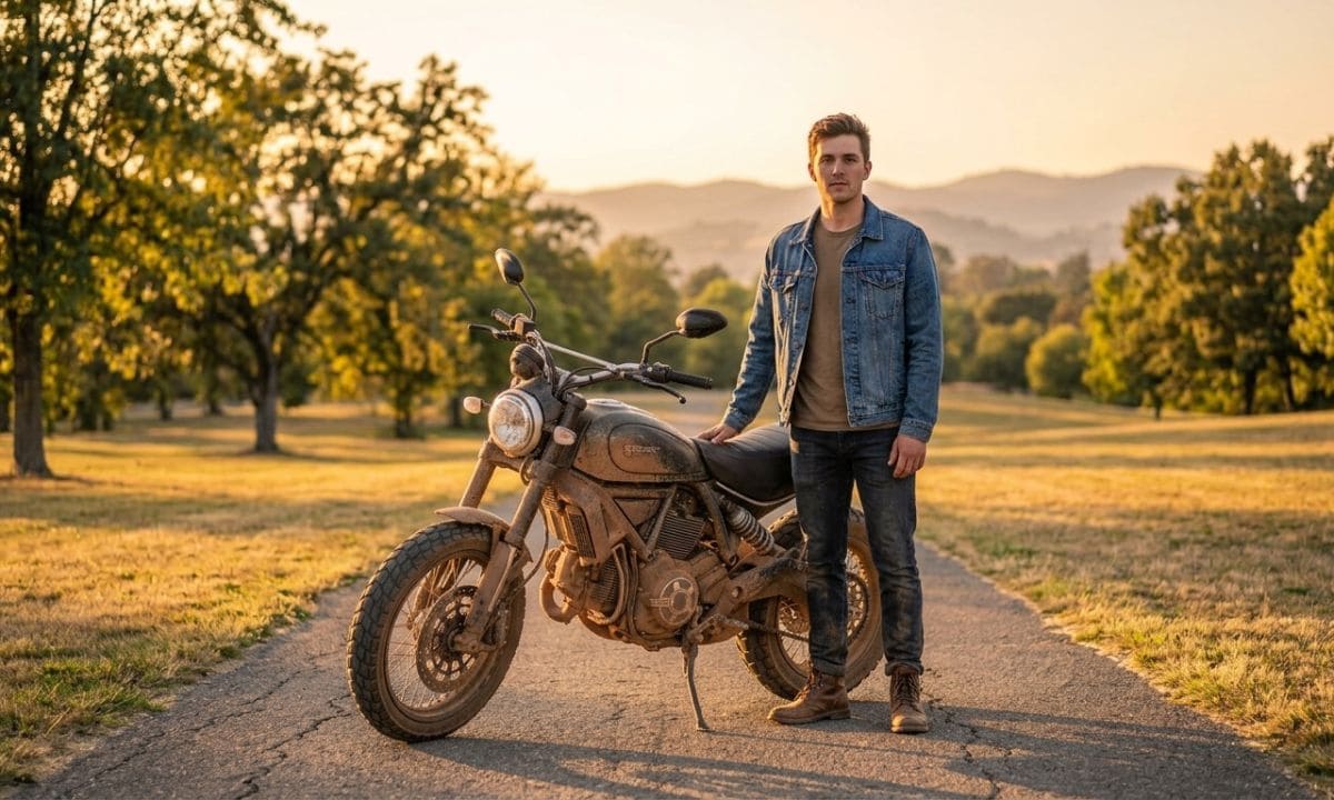Man standing beside off-road motorcycle on dusty trail for boy bike captions