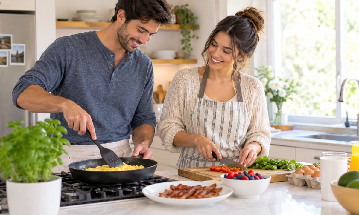 Married life captions ideas couple cooking breakfast together