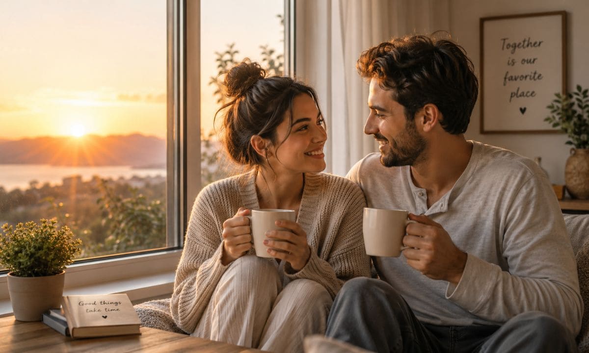 Morning wife captions couple enjoying coffee in soft sunrise light