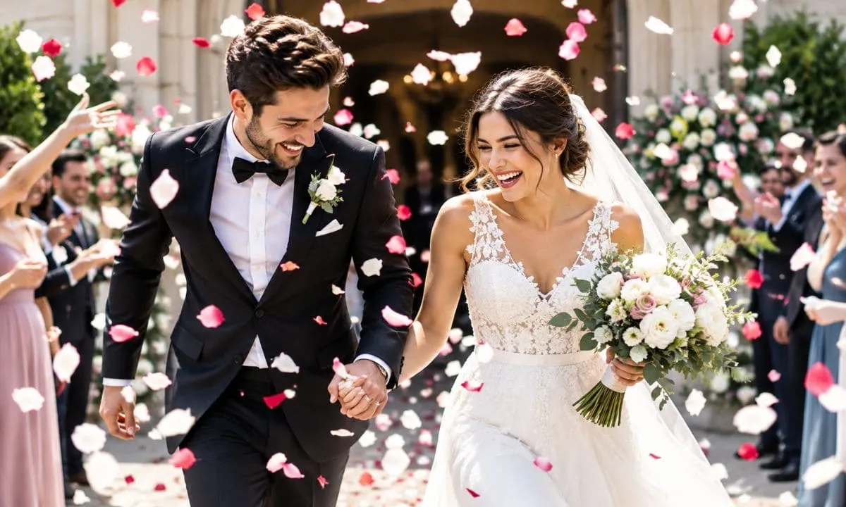 Newlyweds laughing as petals fall around them.