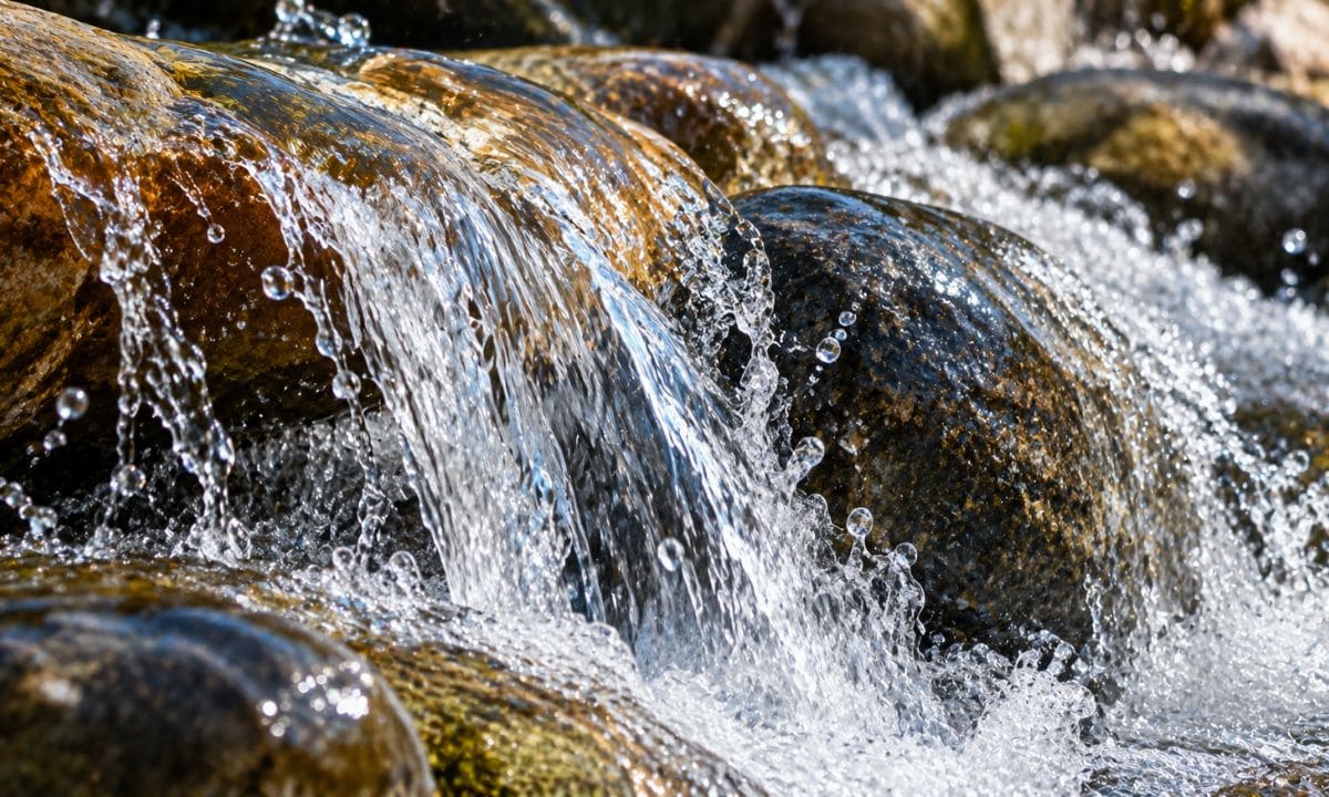 One-word waterfall captions for Instagram with close-up flowing water over stones