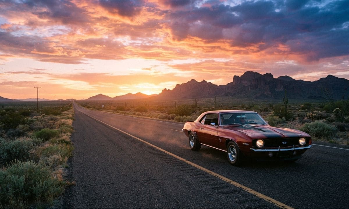 Open highway sunset scene for road trip vacation captions for Instagram