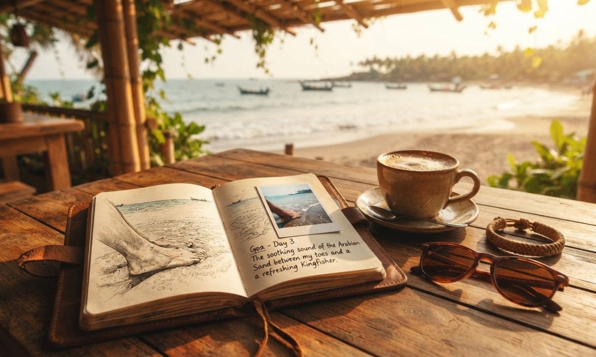 Open travel journal for a Goa diaries caption post with beach view in background