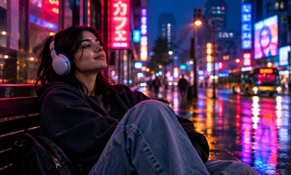 Person alone with headphones under neon lights representing alone vibe captions