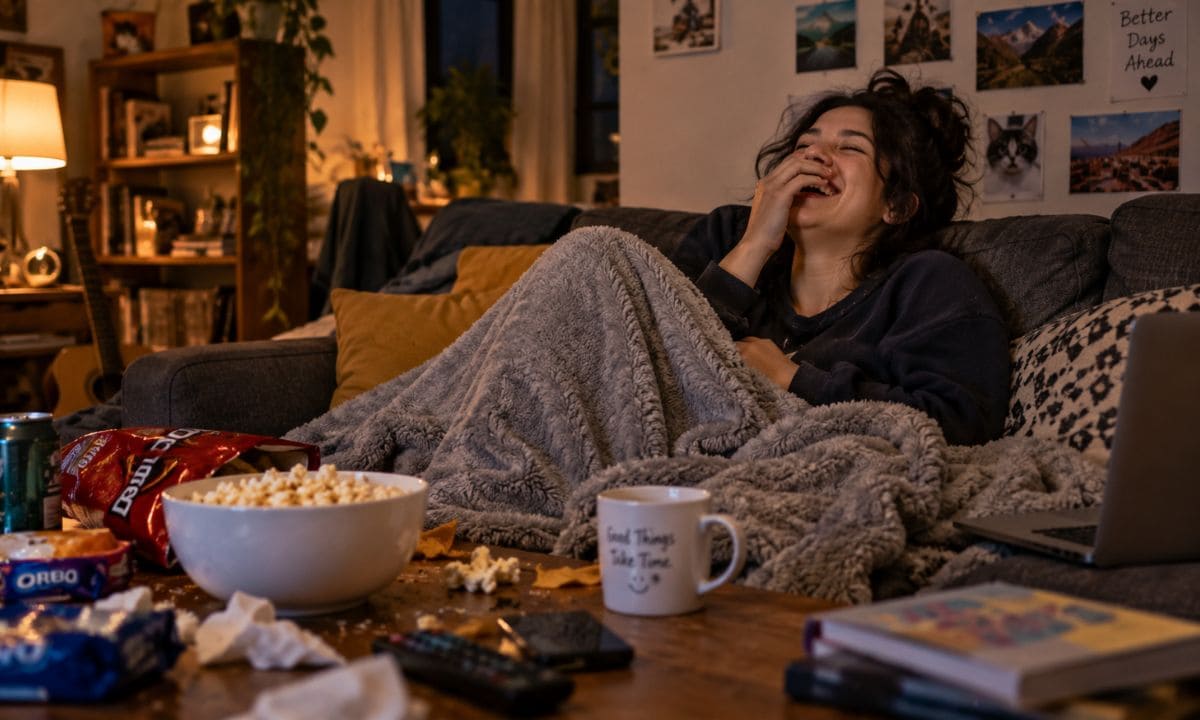 Person laughing alone on couch with snacks representing funny alone captions