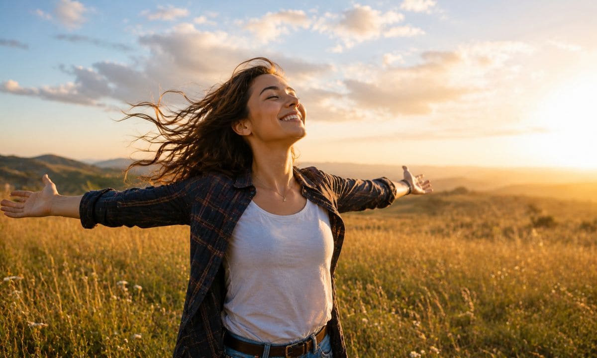 Person smiling alone with arms open in a field representing alone but happy captions