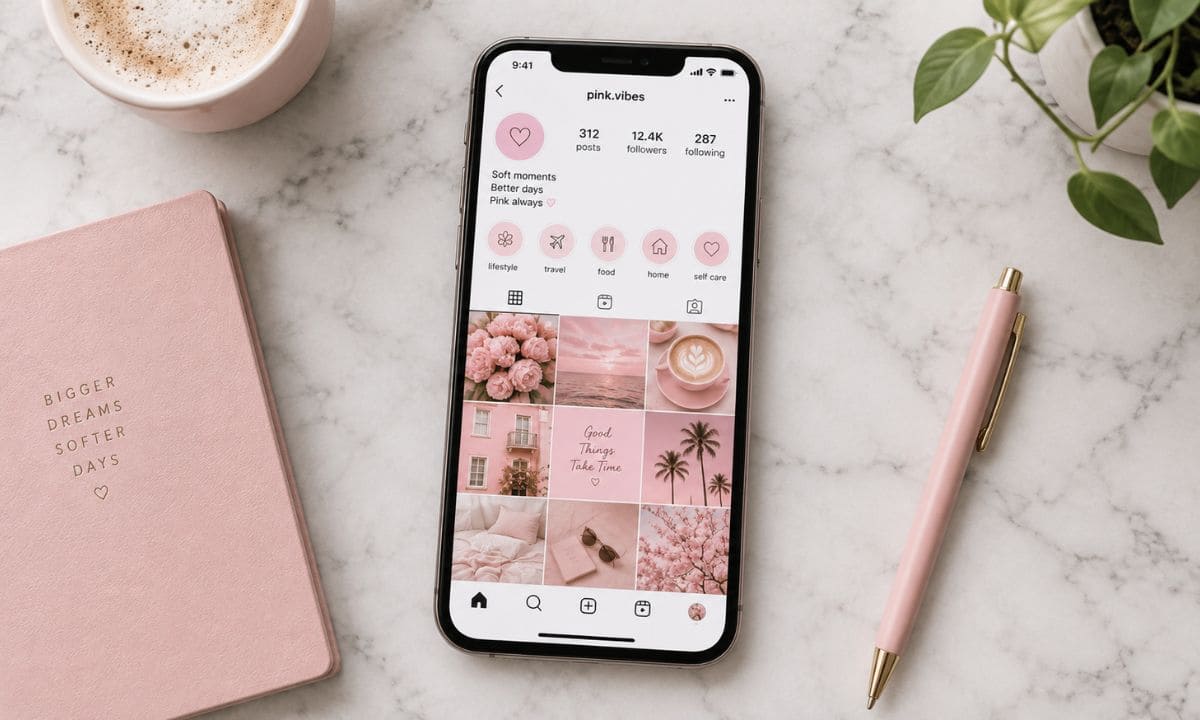 Phone showing pink Instagram grid for pink IG captions