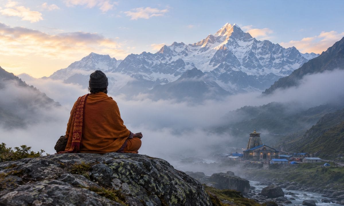 Pilgrim meditating near Kedarnath peak in morning mist
