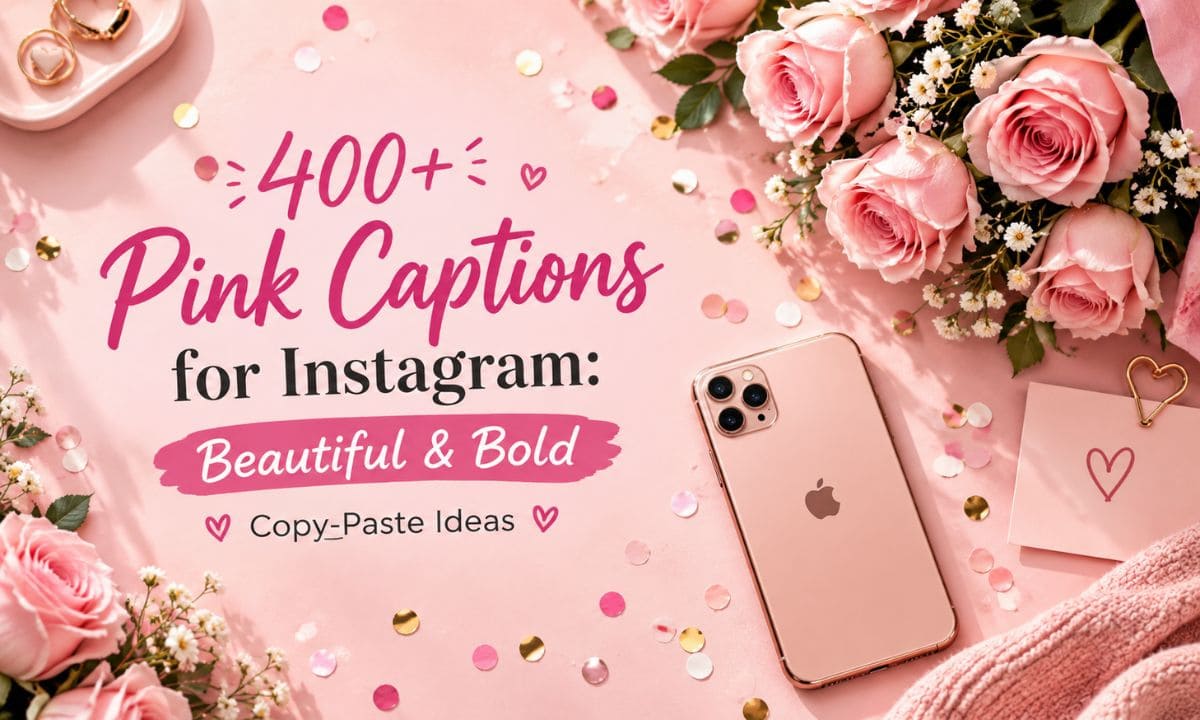 Pink aesthetic flat-lay with roses and confetti representing pink captions for Instagram