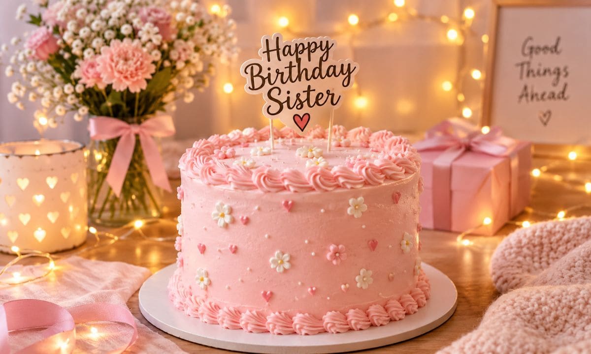 Pink birthday cake with fairy lights for sister celebration