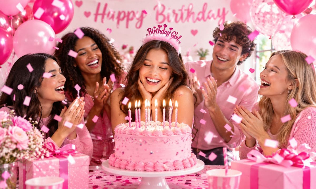 Pink birthday party with balloons and cake for pink birthday captions