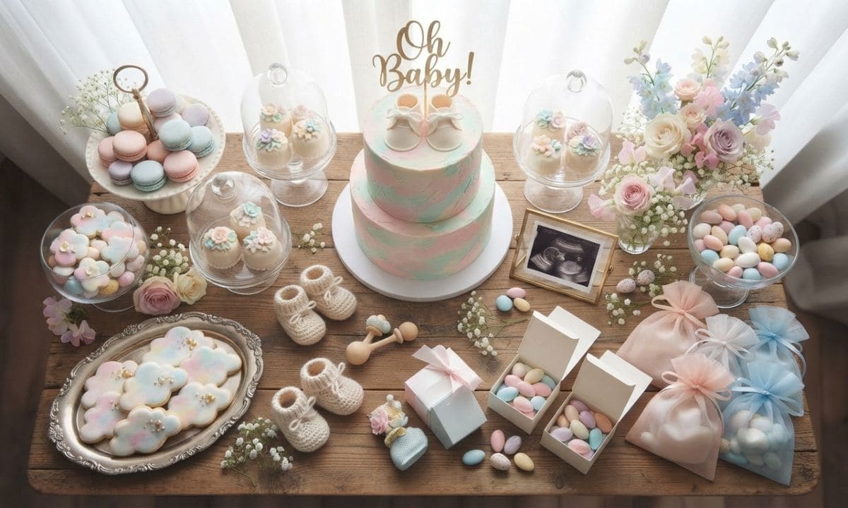 Pinterest style baby shower dessert table setup
