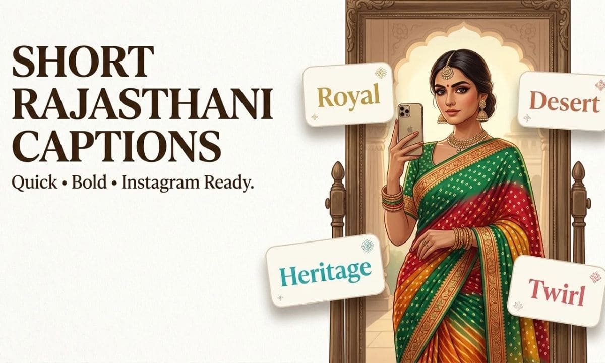 Rajasthani woman taking a stylish photo with short caption words floating around her. (1)