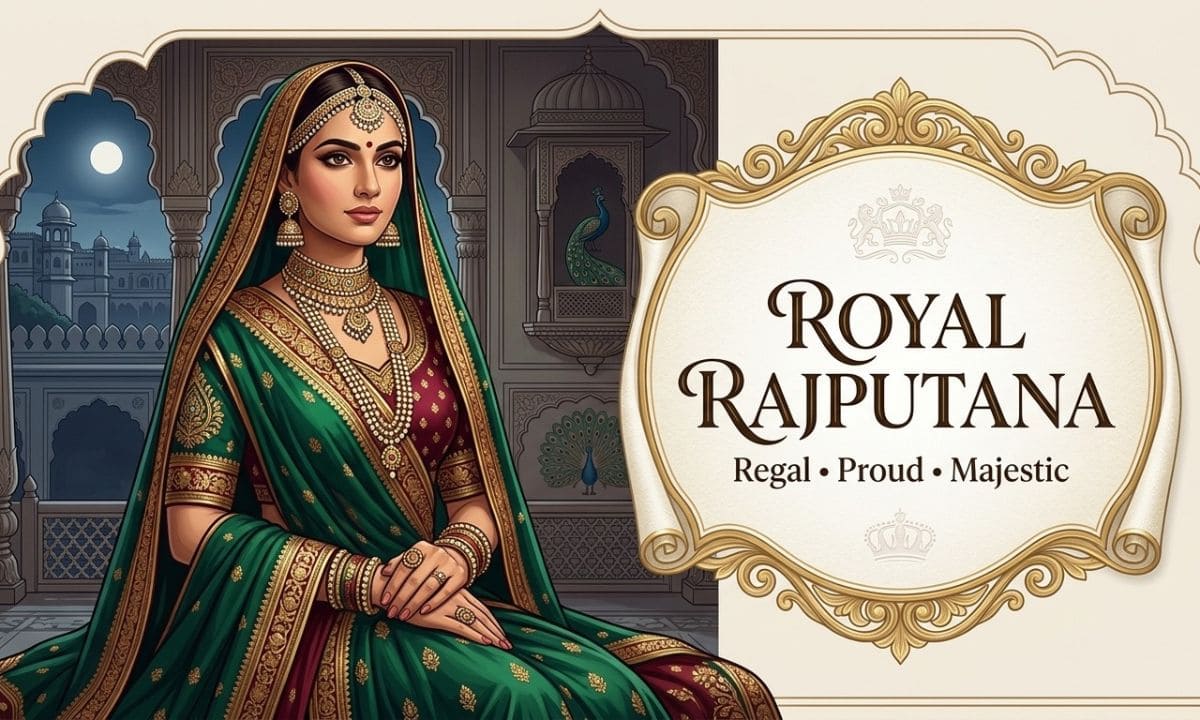 Regal Rajasthani woman wearing traditional jewelry and attire against a palace backdrop.